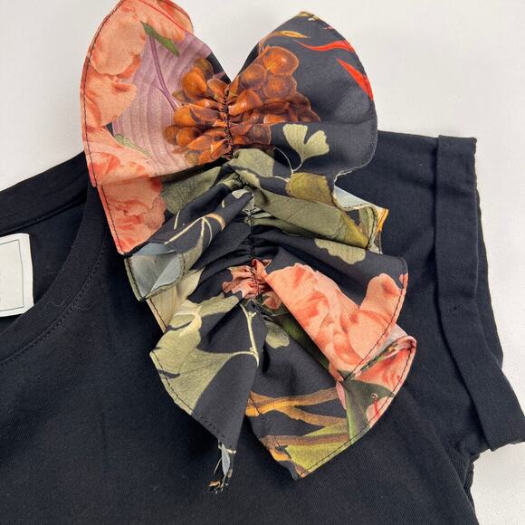 Eugenia Fernandez Floral Ruffle Shoulder Black Statement T-Shirt  Size S - Picture 6 of 10